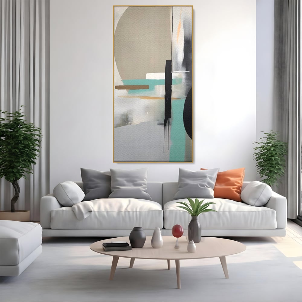 Tablou canvas cu tablou canvas cu forme abstracte, in rama de aluminiu auriu, pe perete intr-un living